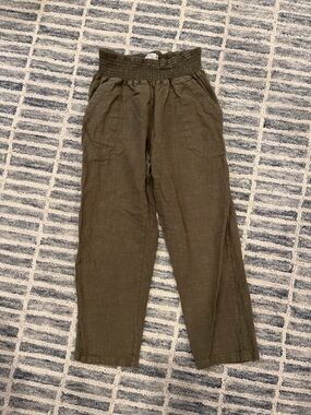 Emme Olive Green 100% Linen Smocked Waist Wide Leg Pants Size Medium